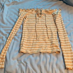 off the shoulder yellow and white stripped top